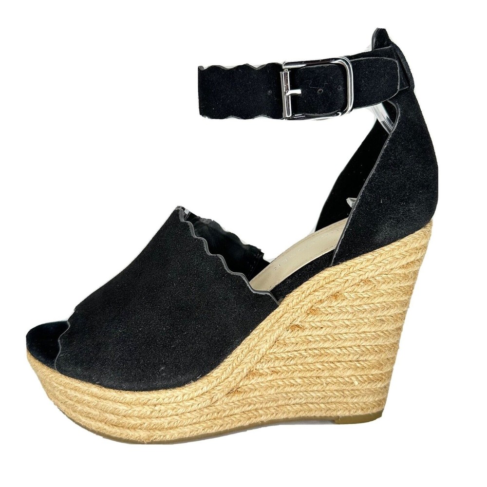 Marc Fisher espadrille wedge sandals heels size 7 black Haya scalloped Peep Toe
